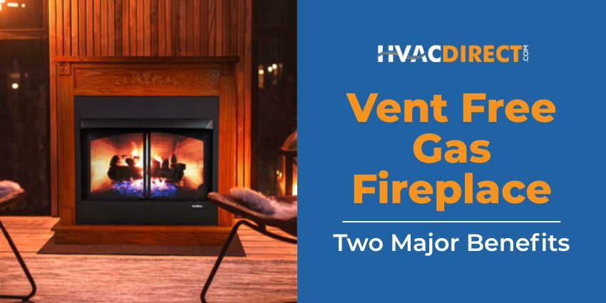 Cozy vent-free gas fireplace in a living room with wooden mantel and warm lighting, promoting energy-efficient home heating benefits from HVACDirect.com