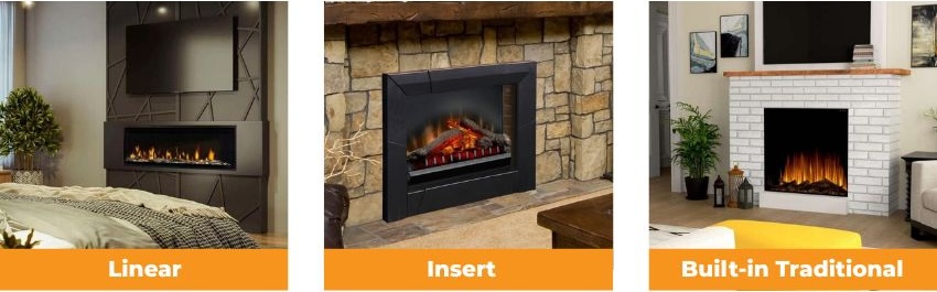 Comparison of Dimplex electric fireplace styles including linear, insert, built-in traditional, and modern designs