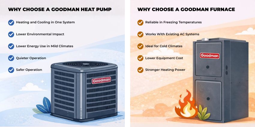 Infographic comparing benefits of Goodman heat pumps and furnaces including efficiency, heating power, and climate suitability