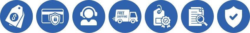 icons representing HVACDirect.com benefits including pricing, secure checkout, customer support, free shipping, and warranty protection