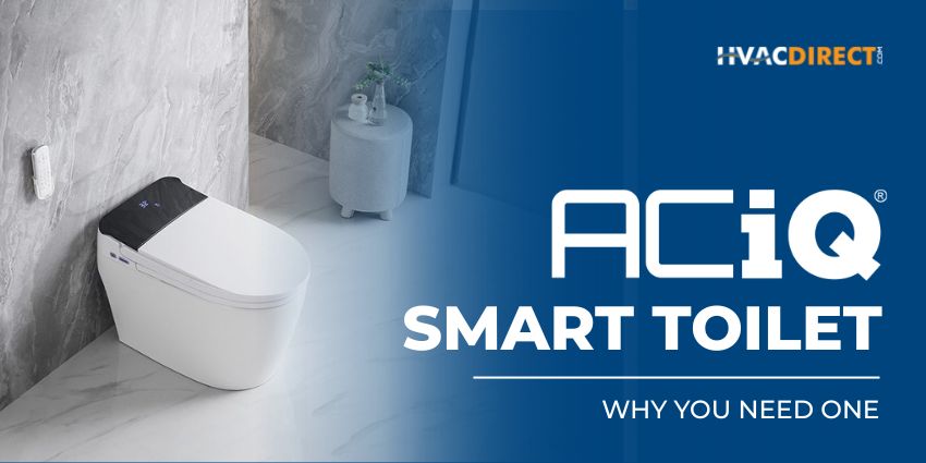 ACiQ smart toilet installed in a modern luxury bathroom with blue HVACDirect promotional banner