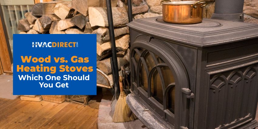Wood vs. Gas Heating Stoves: Which Heating Option Is Best for Your Home? Wood vs. gas heating stoves comparison graphic showing a traditional wood stove and stacked firewood